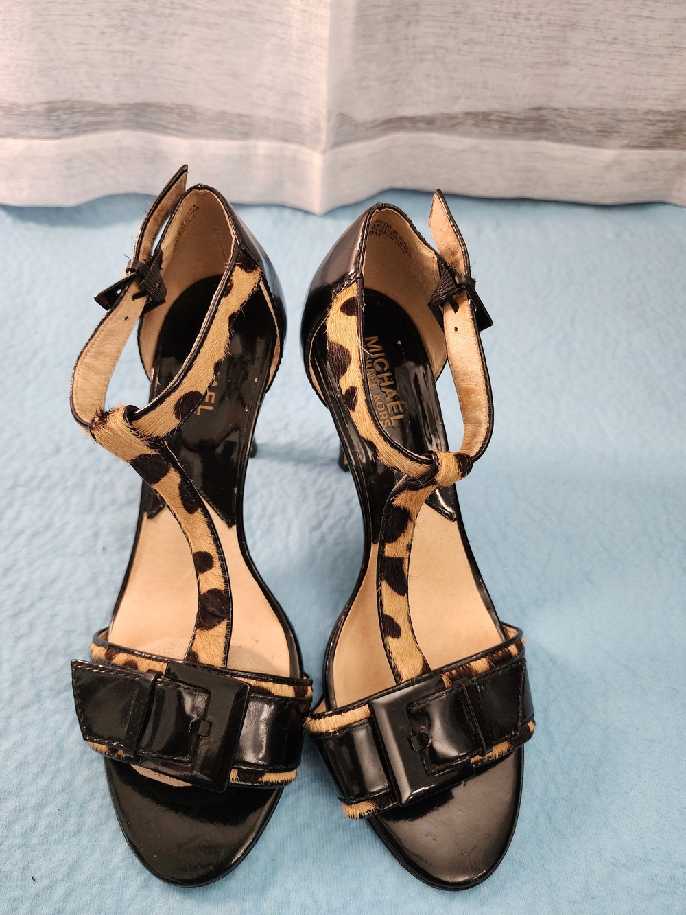 MICHAEL Michael Kors Black Patent & Leopard Print T-Strap Heels
